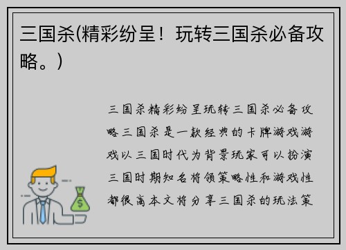 三国杀(精彩纷呈！玩转三国杀必备攻略。)